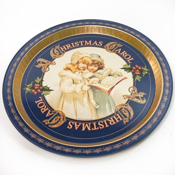 Vintage 1995 A Christmas Carol Round Aluminum Serving Tray Victorian Girls - Picture 1 of 10